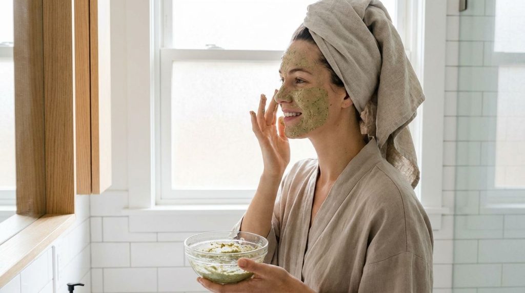 A woman gently applying the aspirin and baby oil mask to her clean face with her fingertips in a brightly lit bathroom