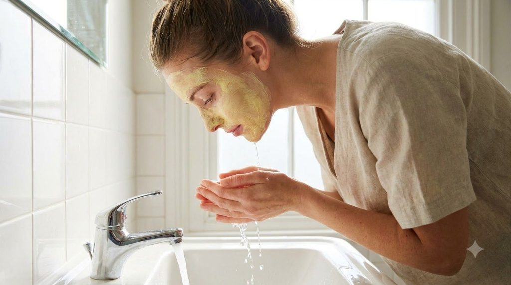 A woman gently rinsing her face after applying a light yellow turmeric mask with soft clean hands