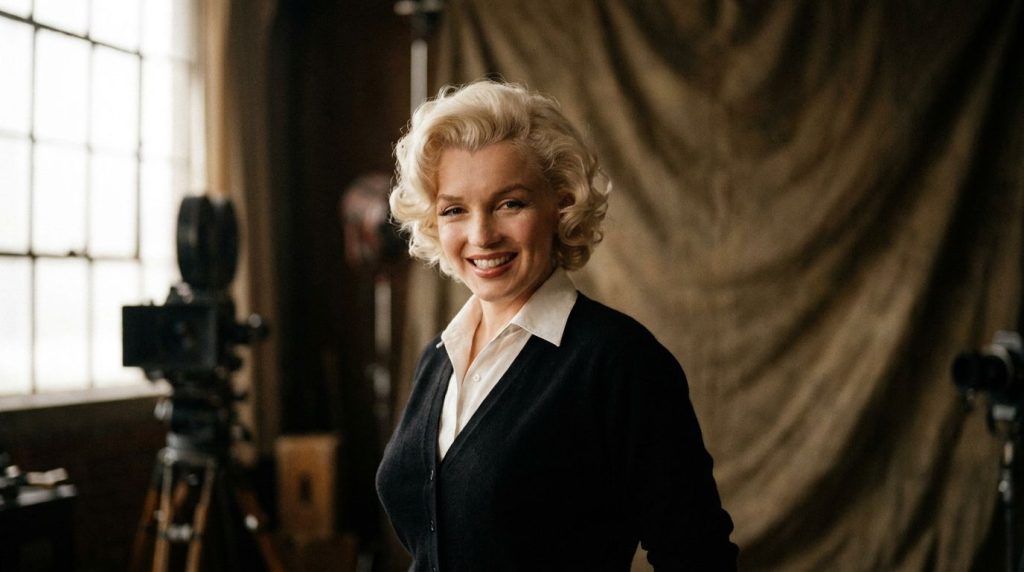 A classic publicity photo of Marilyn Monroe from the 1950s smiling with her signature blonde hair