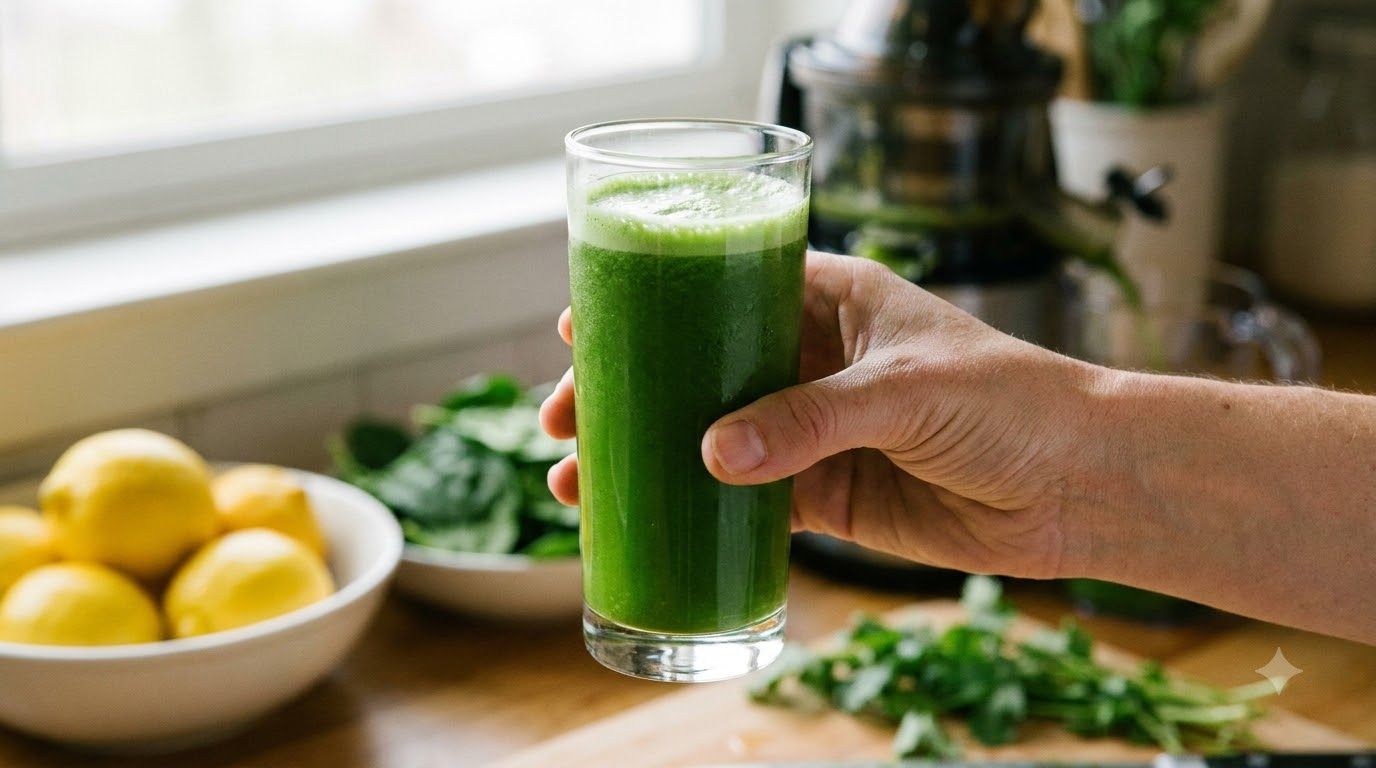 A person holding a tall glass of vibrant green fresh juice with a subtle blur of healthy ingredients in the background c