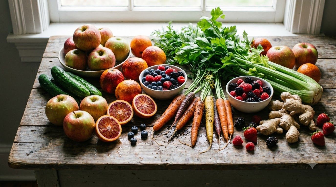 A variety of fresh colorful fruits and vegetables spread out on a wooden table ready for juicing Ingredients include app