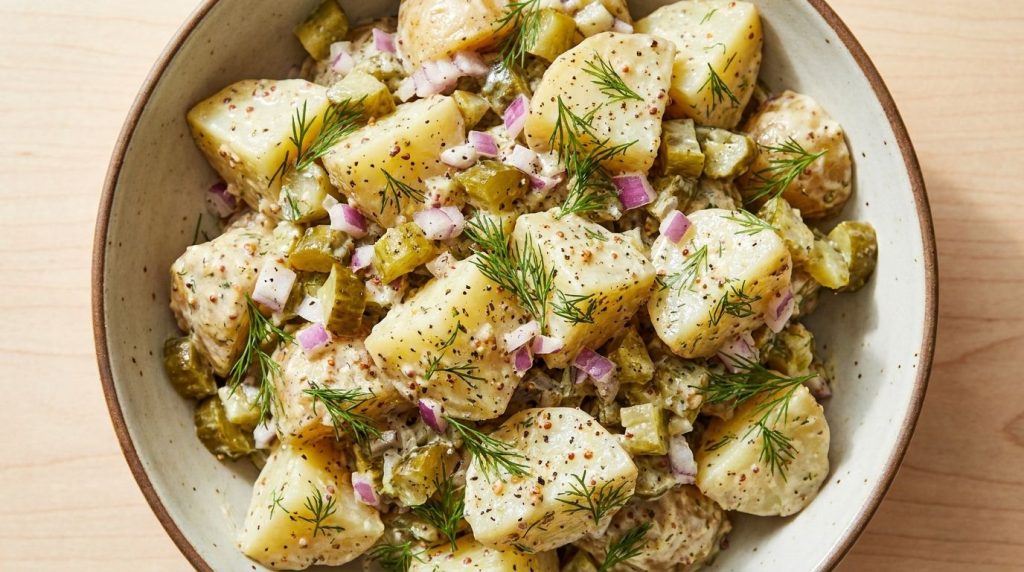 A bowl of tangy dill pickle potato salad with chunks of potato chopped dill pickles red onion and fresh dill in a creamy