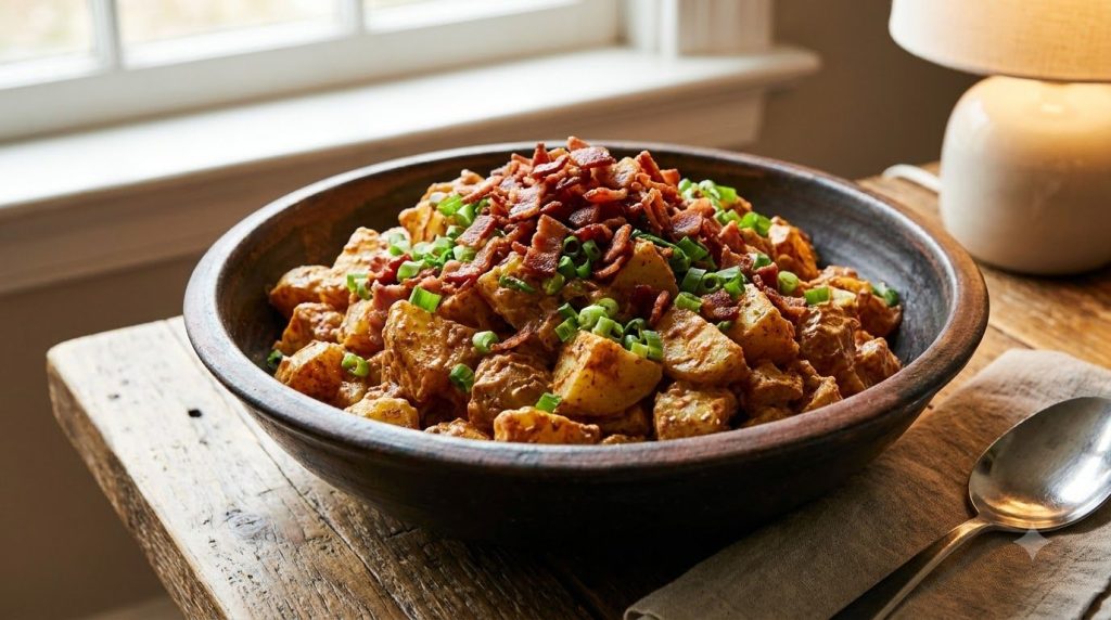 A hearty smoked paprika and bacon potato salad with crispy bacon bits green onions and a smoky dressing in a dark cerami