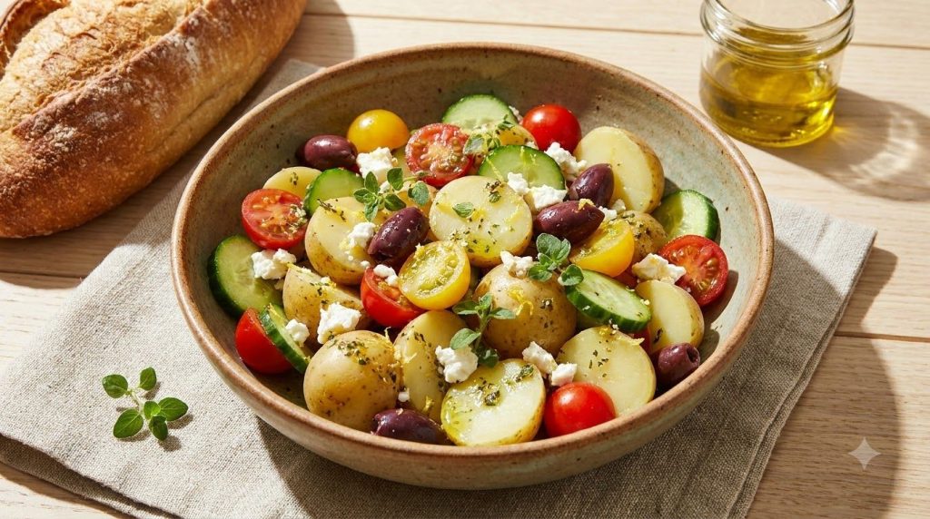 A vibrant Mediterranean potato salad with cherry tomatoes cucumbers Kalamata olives and feta cheese tossed in a light le