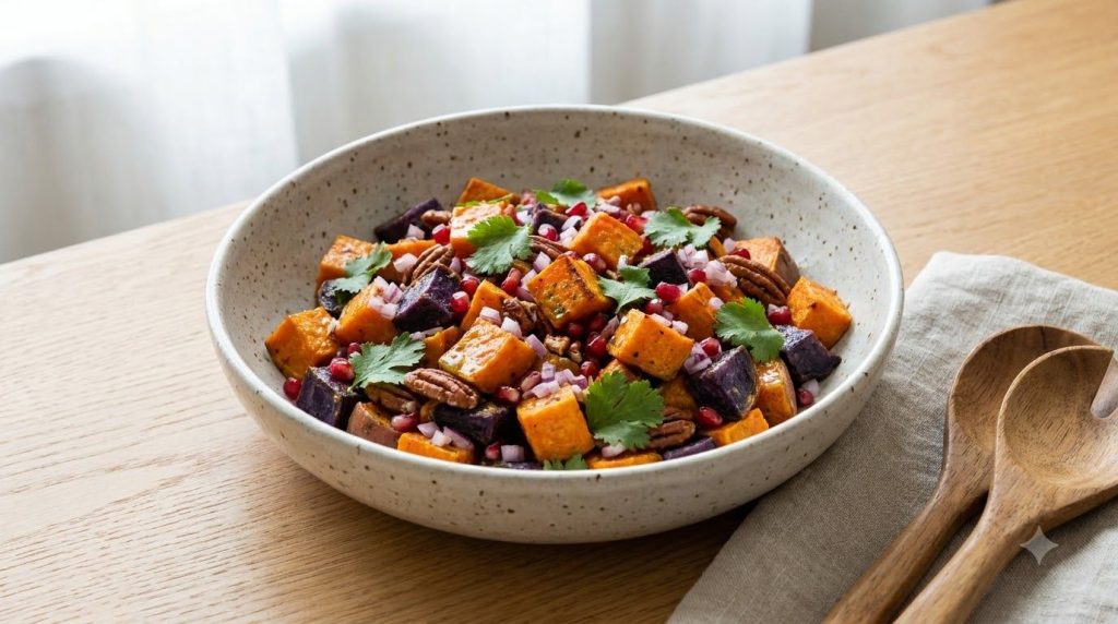 A colorful sweet potato salad with red onion cilantro and a bright honey-lime dressing in a modern ceramic bowl on a lig