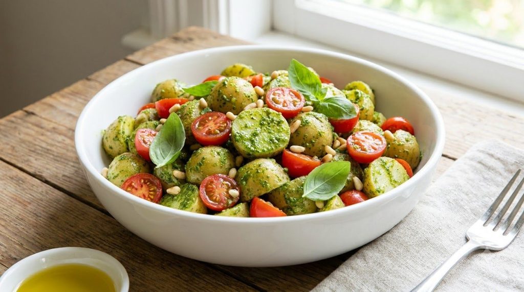 A vibrant pesto potato salad featuring roasted or boiled potatoes bright green pesto and halved red cherry tomatoes garn