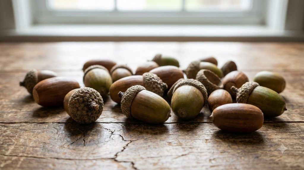 A close-up of a pile of raw freshly harvested acorns on a rustic surface some still in their caps