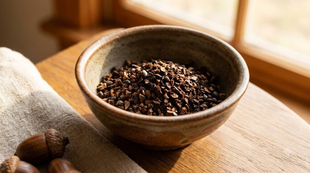 A close-up of roasted and ground acorn pieces in a bowl resembling coffee grounds ready for brewing