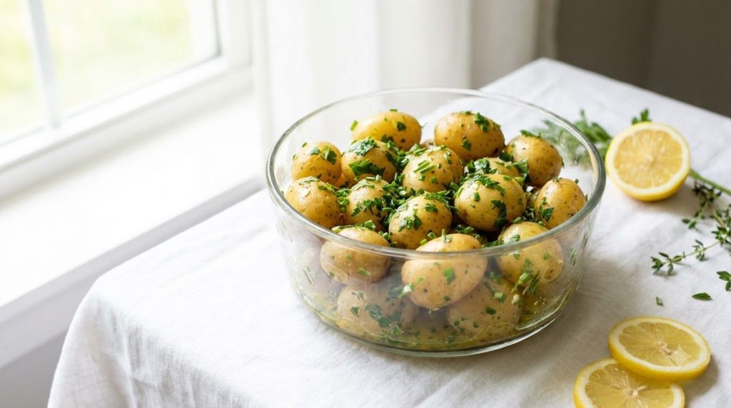 A light and fresh lemon herb potato salad with golden potatoes fresh parsley chives and a bright lemon vinaigrette in a