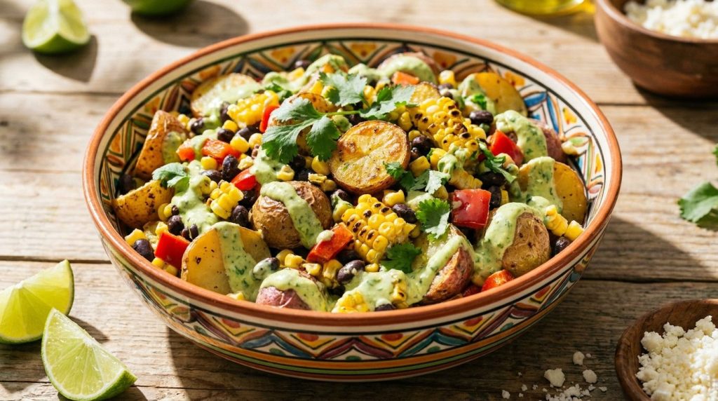 A colorful Southwest potato salad with corn black beans red bell pepper and cilantro in a zesty creamy dressing in a vib