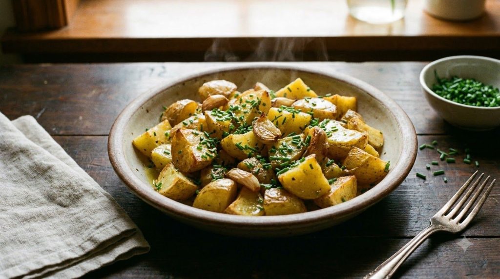 A warm garlic and chive roasted potato salad with golden roasted potato chunks fresh green chives and a light dressing s