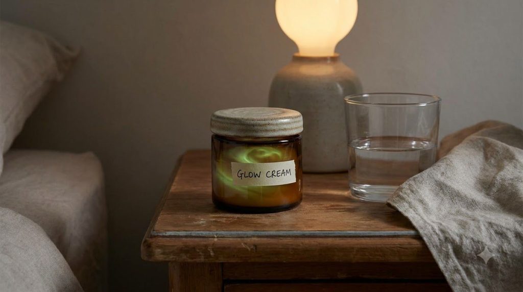 A jar of homemade glow cream on a bedside table next to a glass of water suggesting a nightly routine