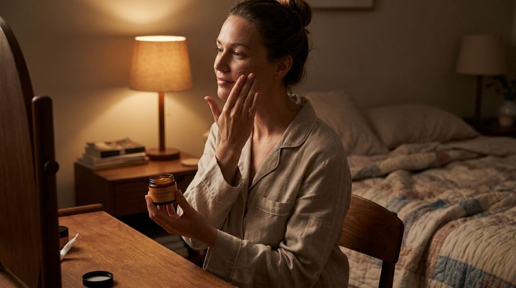A woman gently applying the homemade glow cream to her face before bed with soft warm lighting