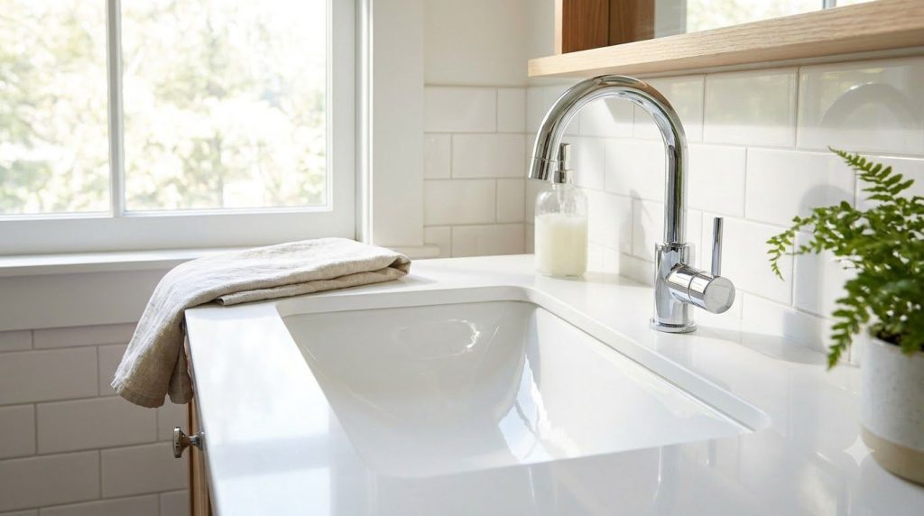 A sparkling clean white bathroom sink with a shiny chrome faucet reflecting light The counter is tidy with a few elegant