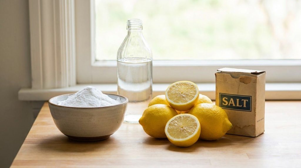 Various natural cleaning ingredients arranged neatly on a kitchen counter a bowl of baking soda a bottle of white vinega