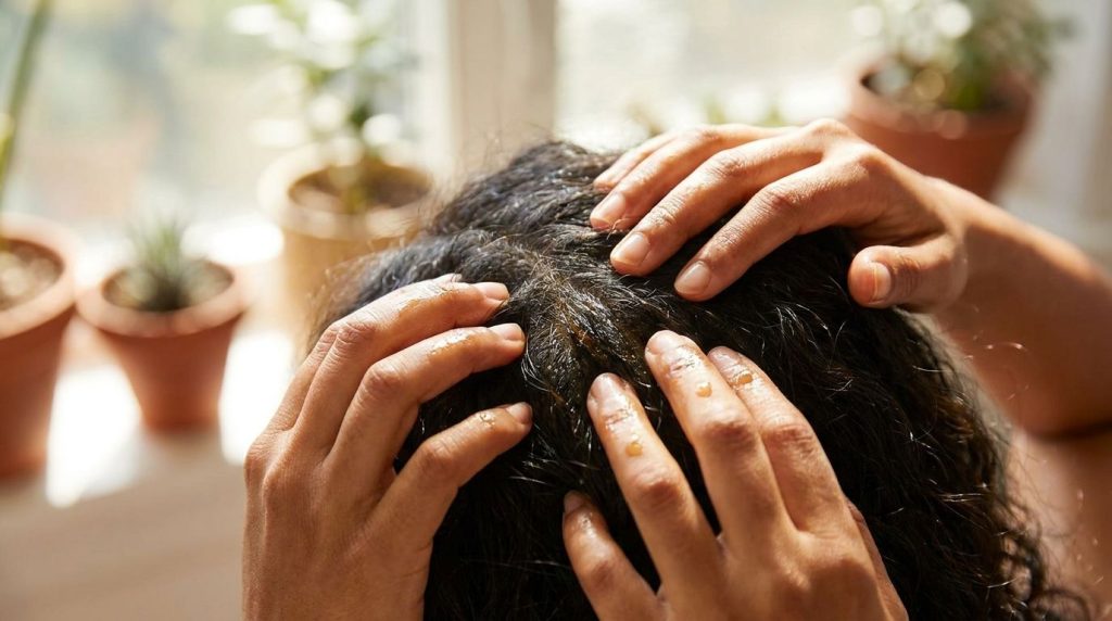 A person gently massaging herbal hair oil into their scalp and hair showing a close-up of the application process