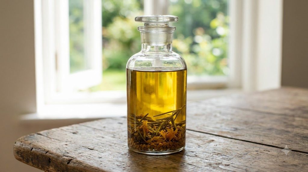 A glass bottle of finished homemade herbal hair oil with some dried herbs settled at the bottom placed on a wooden surfa