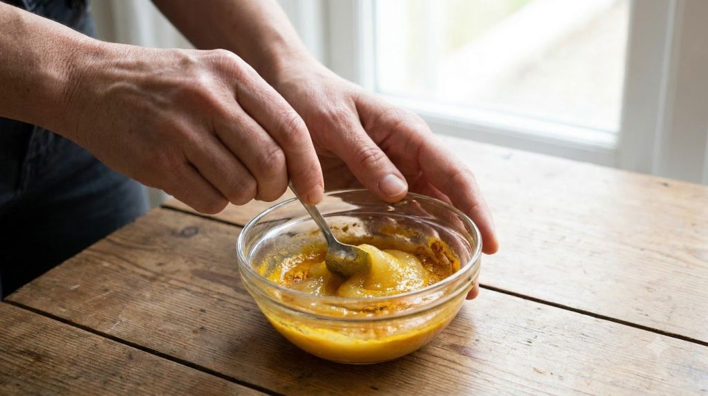 Close-up shot of a person mixing Vaseline lemon juice and turmeric powder in a small glass bowl with a spoon