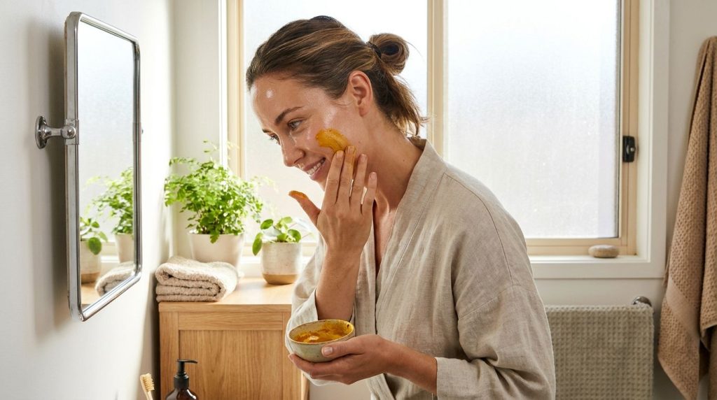 A woman gently applying a yellow paste to her cheek looking in a mirror with soft glowing skin