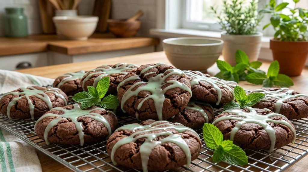 Soft chewy chocolate cookies with a delicate green mint glaze arranged on a cooling rack with fresh mint leaves