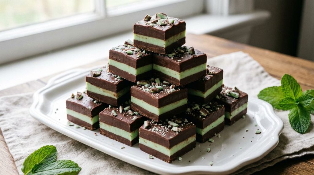 Smooth rich chocolate mint fudge squares stacked on a white platter garnished with chopped Andes mints