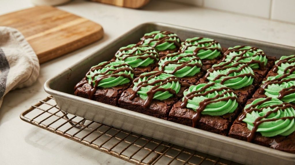 Thick fudgy chocolate brownies topped with a vibrant green mint frosting and chocolate drizzle cut into squares on a coo