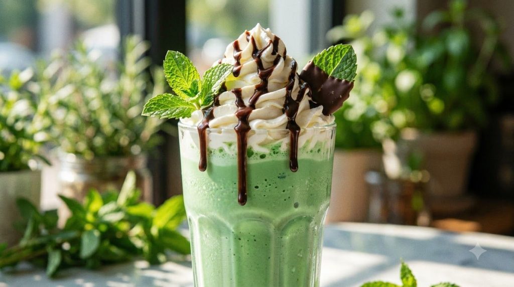 A tall glass of chocolate mint milkshake topped with a generous swirl of whipped cream chocolate syrup drizzle and a spr