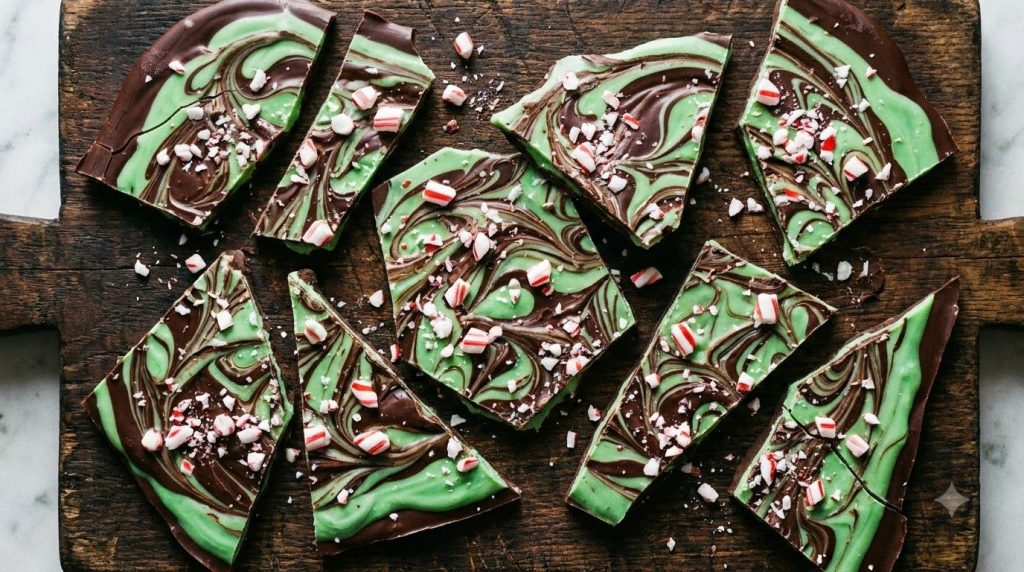 A large piece of marbled chocolate mint bark broken into irregular shards showing layers of dark chocolate and green min