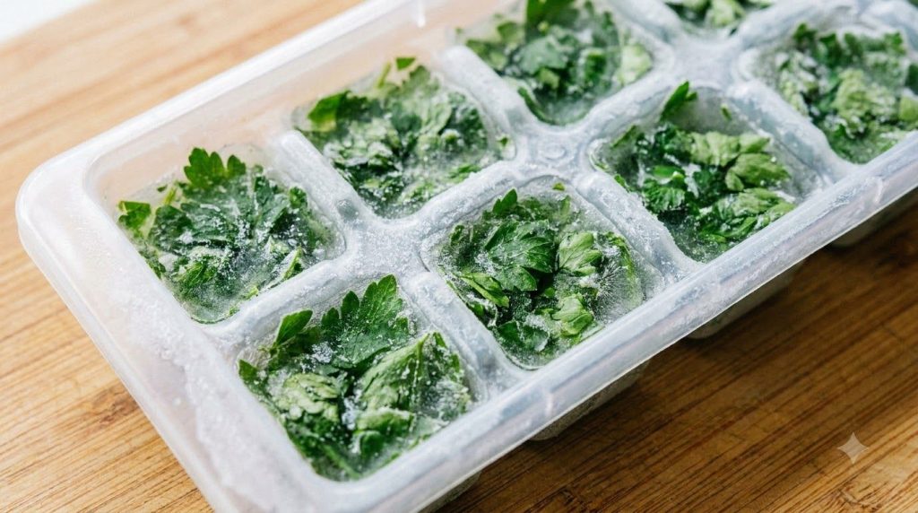 Frozen parsley cubes in an ice cube tray ready to be transferred to a freezer bag showcasing a practical long-term stora