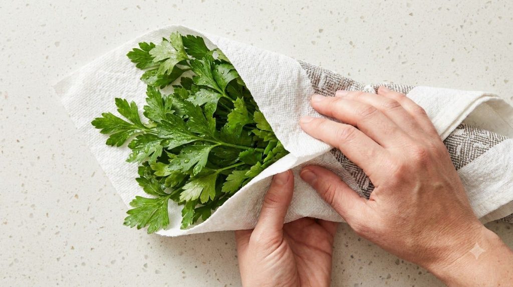A close-up of clean dry parsley leaves being gently wrapped in a paper towel ready for refrigeration