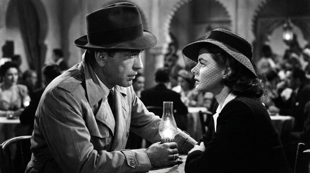 Humphrey Bogart and Ingrid Bergman in a scene from Casablanca looking at each other intensely