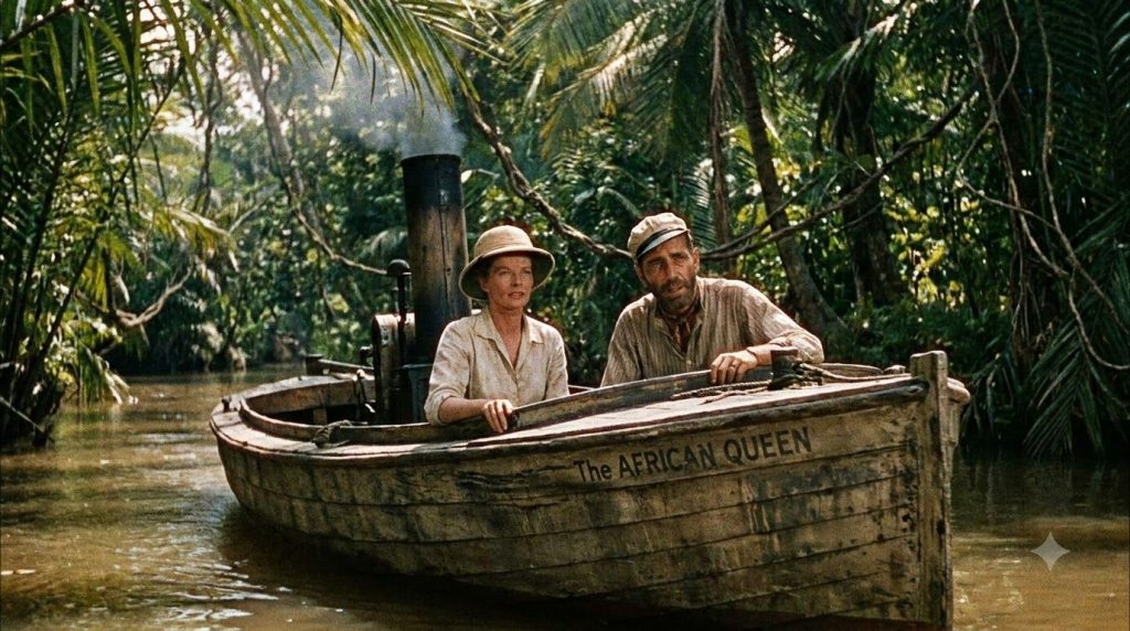 Humphrey Bogart and Katharine Hepburn on a boat in a still from The African Queen looking adventurous