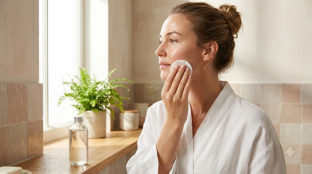 A woman gently applying homemade toner to her face with a cotton pad