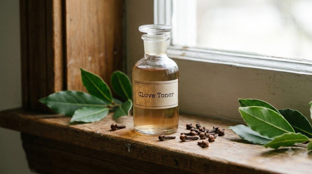 A bottled homemade clove toner next to fresh cloves emphasizing natural beauty