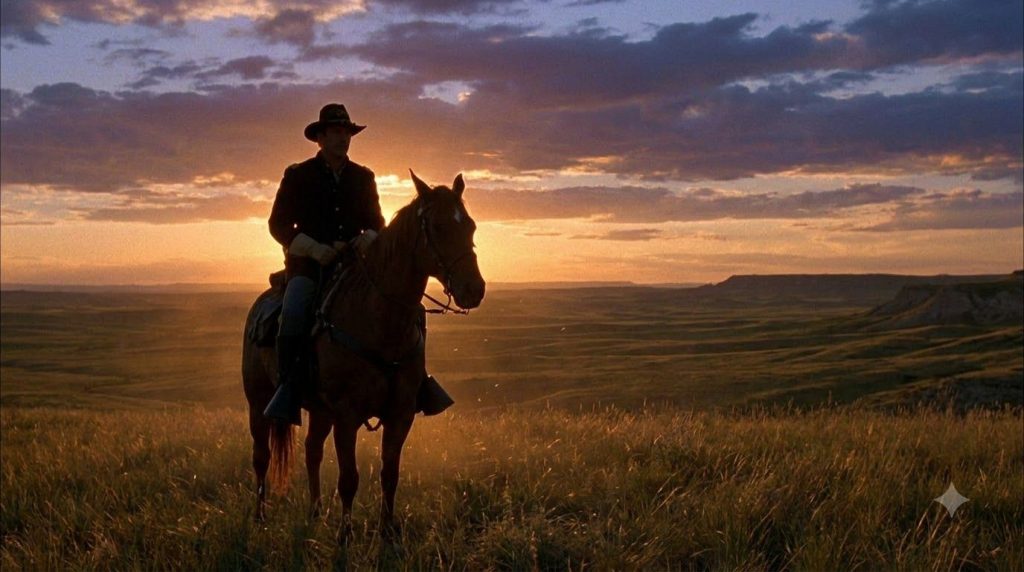 A collage or still image capturing an iconic moment from Kevin Costner s film Dances with Wolves perhaps showing him on 