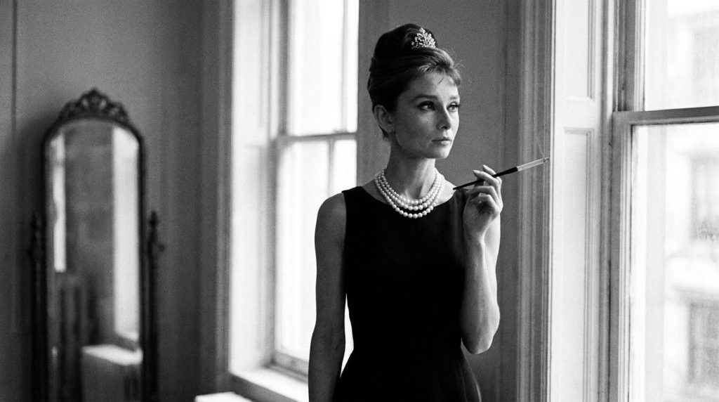 Audrey Hepburn in her iconic black dress pearls and tiara from Breakfast at Tiffany s looking elegant and thoughtful
