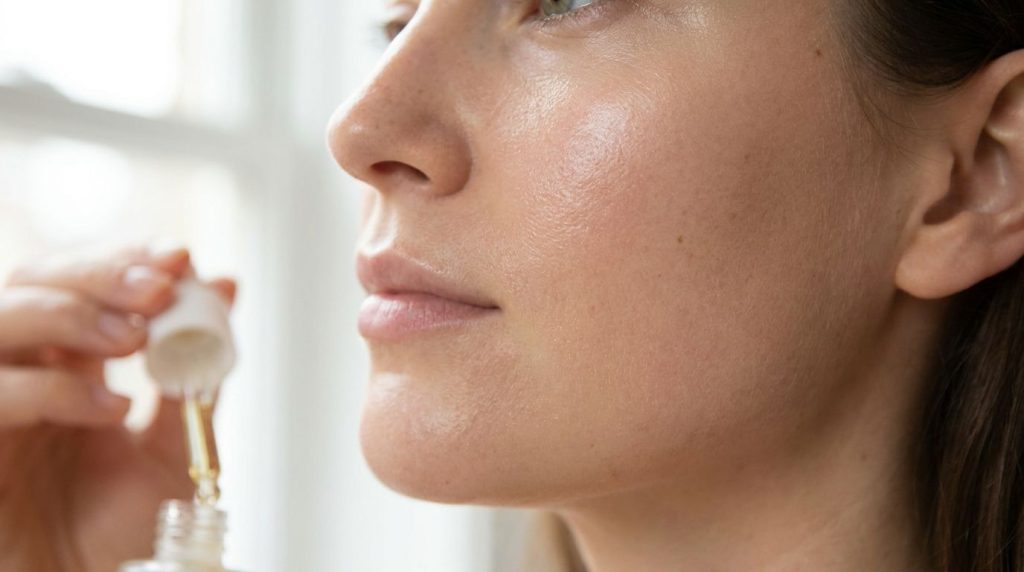 A close-up of healthy glowing skin on a woman s face after applying facial oil showing a smooth and radiant complexion