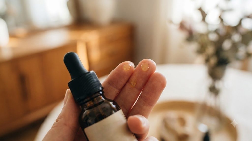 Close-up of a dark glass dropper bottle containing golden oil with a few drops on a woman s fingertips ready to be appli