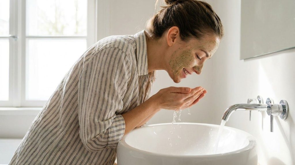 A woman gently rinsing a homemade face mask off her face with lukewarm water her skin looking soft and hydrated in a bri