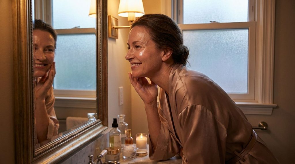 A woman smiling and looking at her glowing smooth skin in a mirror as if admiring the results of her nightly routine