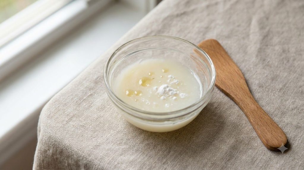 Close-up of a small bowl with the DIY Botox Oil blend showing the creamy texture of Vaseline baby oil and baking soda mi