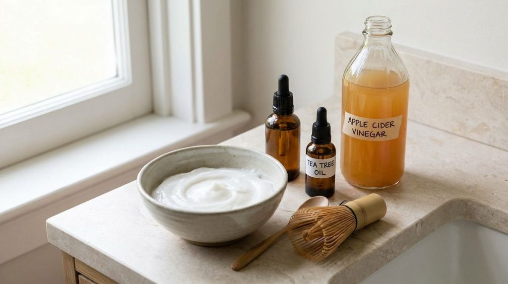 Ingredients for the natural lice remedy including a bowl of white conditioner a small bottle of tea tree oil and a bottl