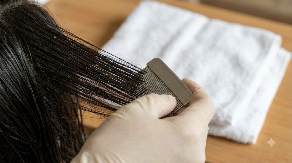 A close-up of a hand using a fine-tooth nit comb to meticulously comb through a section of wet hair removing nits and li