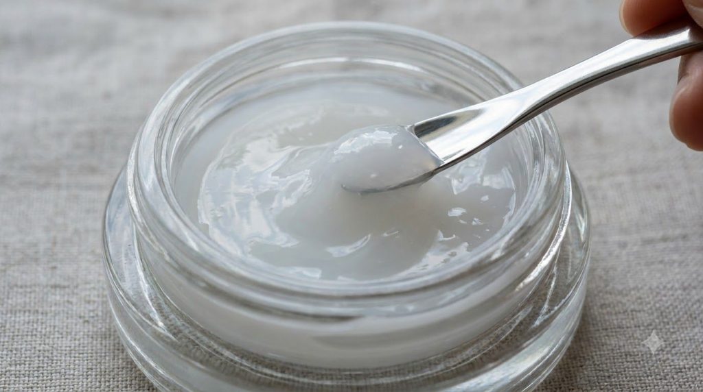 A close-up of a smooth white creamy gel mixture in a small glass container with a small spatula scooping some out illust