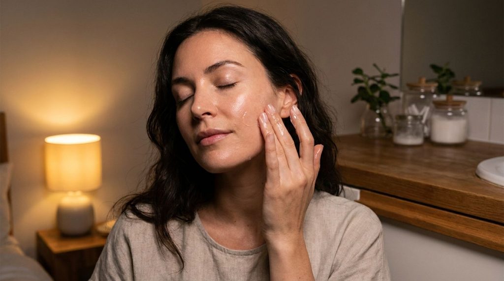 A woman gently applying a small amount of night gel to her face eyes closed in contentment illustrating the application 