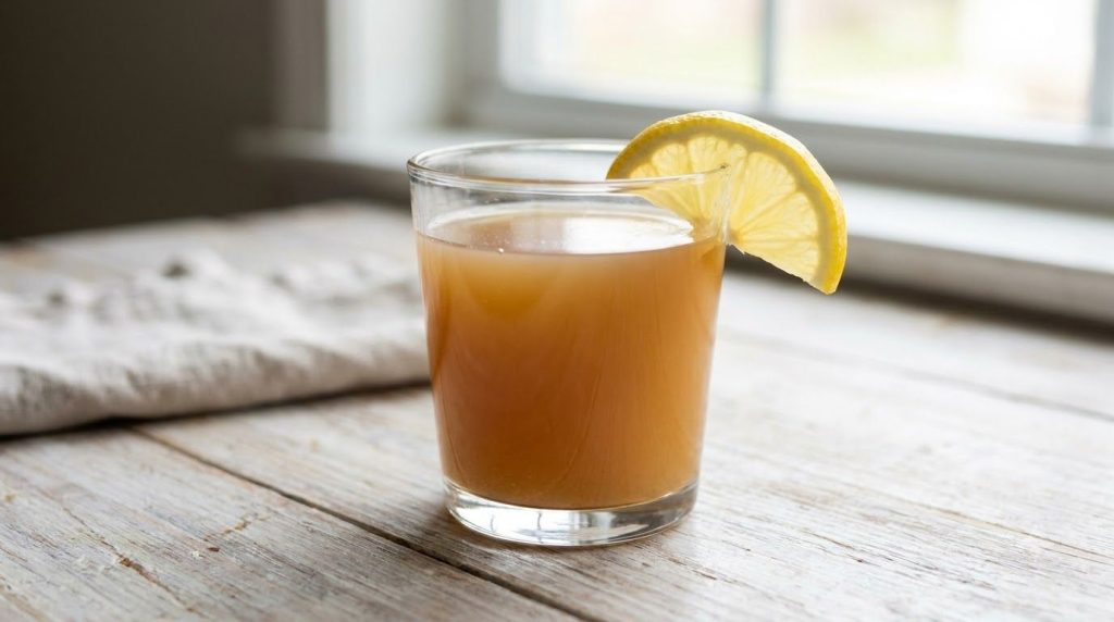 A glass of Noni juice possibly diluted with a lemon wedge ready to drink
