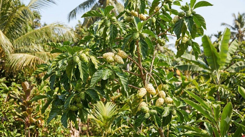 A Noni tree with ripe and unripe fruits illustrating the natural source