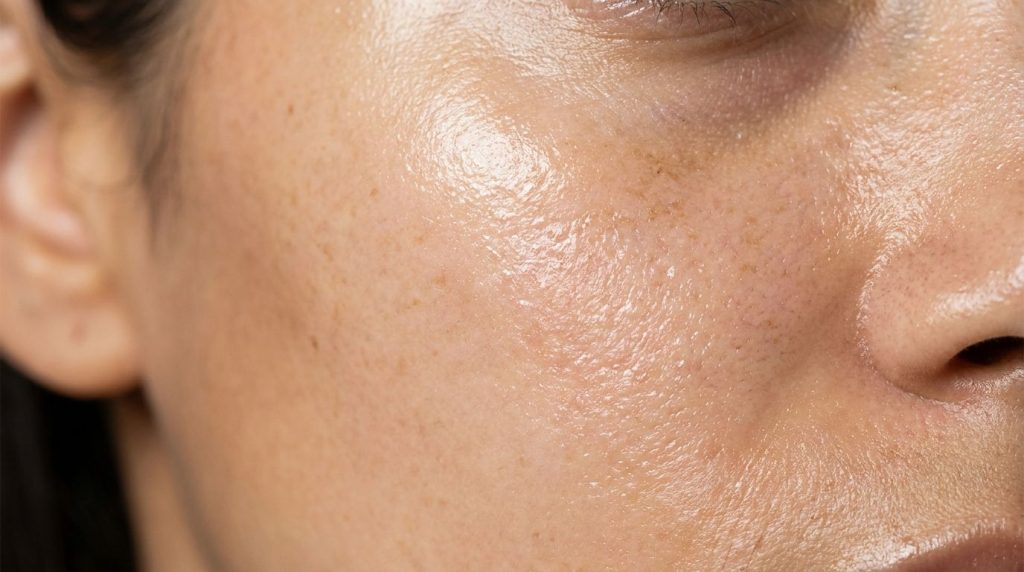 A close-up of a radiant and hydrated skin texture showing a subtle glass skin effect with a healthy sheen The skin appea