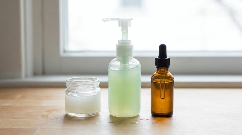 The three main ingredients of the glass skin mask laid out a small jar of Vaseline a bottle of aloe vera gel and a small