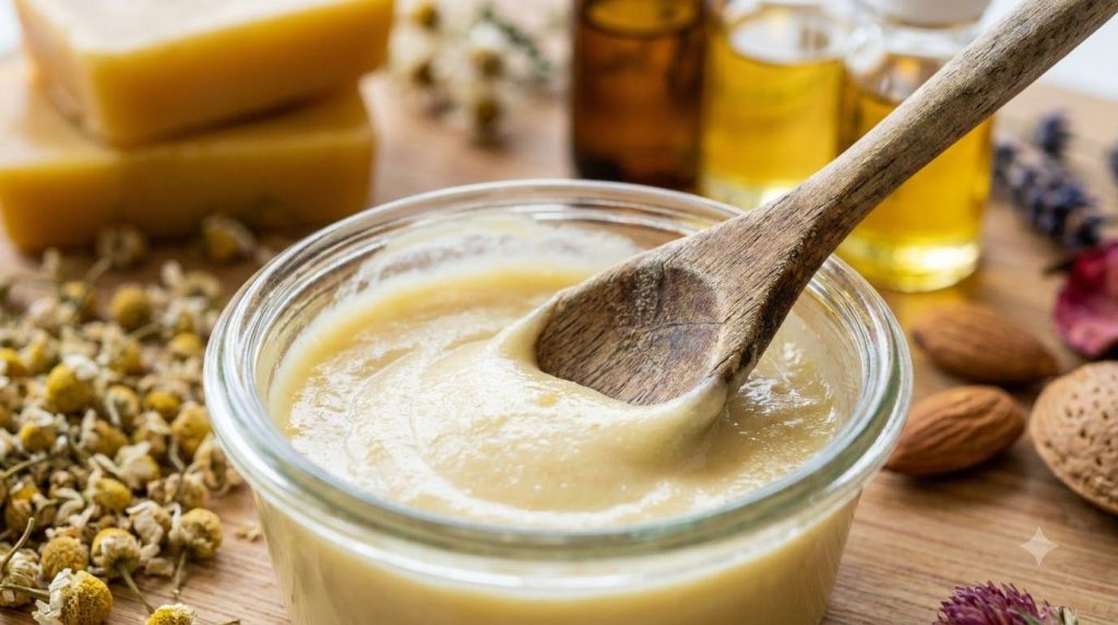 A close-up of the mixed beauty paste in a small bowl showing its creamy texture and yellow hue